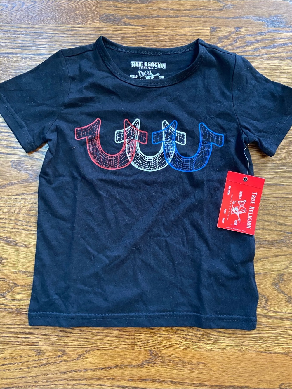 True Religion Kids‎ Black Tee with Red White Blue Logo Graphic - Size 6, NWT